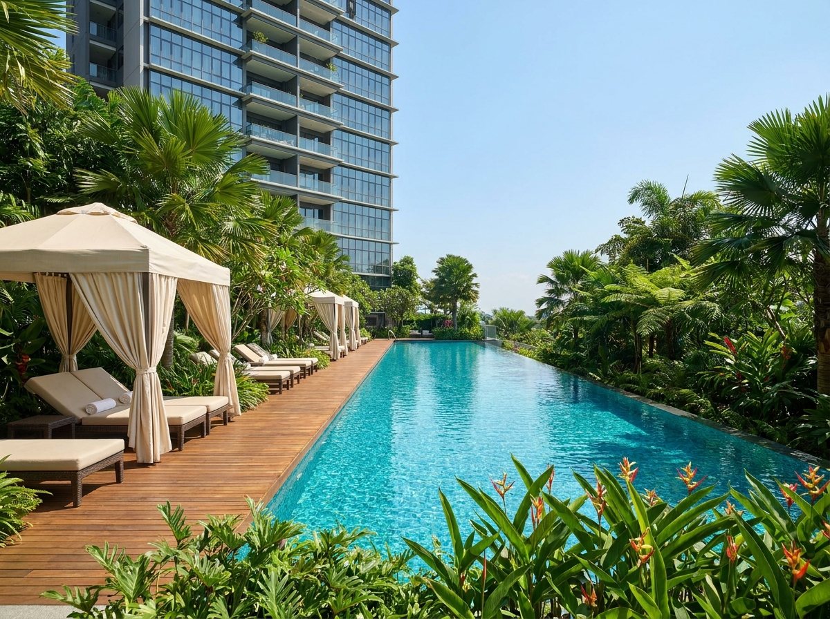 Resort-style pool deck with tropical landscaping — artist's impression
