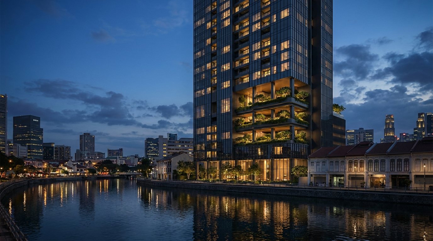 Zyon Grand — artist's impression of the twin towers above the Singapore River at dusk
